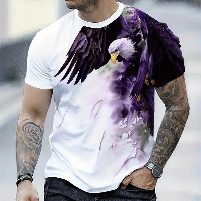 3D Printing Eagle - เสื้อยืดสไตล์เรโทรสำหรับผู้ชาย ลายพิมพ์นกอินทรี 3 มิติ แขนสั้น เสื้อยืดลำลองฤดูร้อน