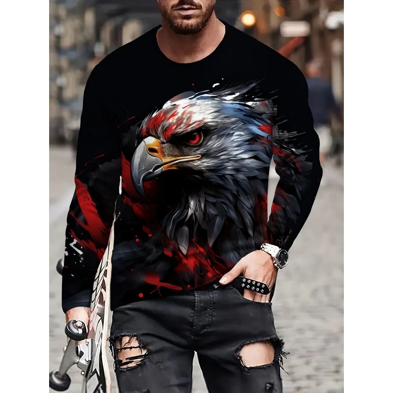 3D Printing Eagle - เสื้อยืดลายธงชาติอเมริกันพร้อมลายนกอินทรีสำหรับผู้ชาย เสื้อยืดพิมพ์ลายสัตว์ 3D สุดเท่ แขนยาว ทรงหลวม