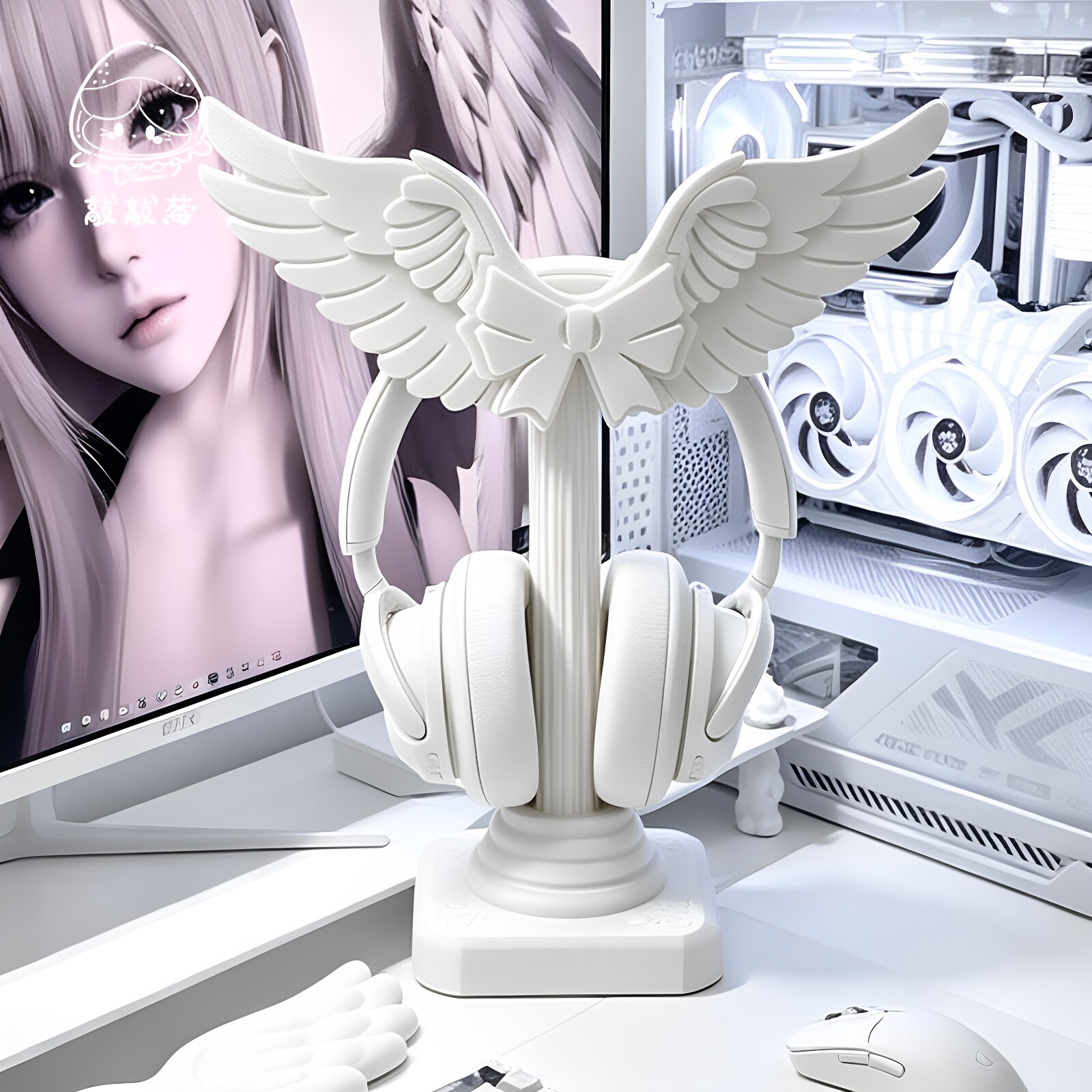 3D Printing Holder - ที่วางหูฟังปีกนางฟ้าสุดน่ารัก พิมพ์ 3 มิติ รูปเสาโรมัน สีขาวไหม